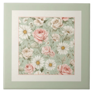 Carreau Marguerites Roses Florales Aquarelle Vert Sauge