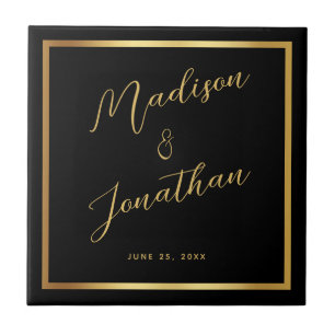 Carreau Mariage de script de bordure brillant en or noir c