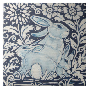 Carreau Marine Bleu Blanc maman et bébé lapin Printemps 