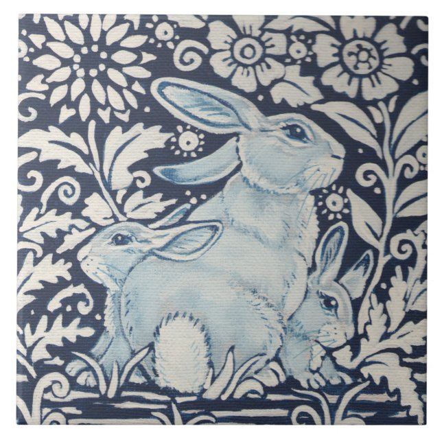 Carreau Marine Bleu Blanc maman et bébé lapin Printemps Fl (Devant)