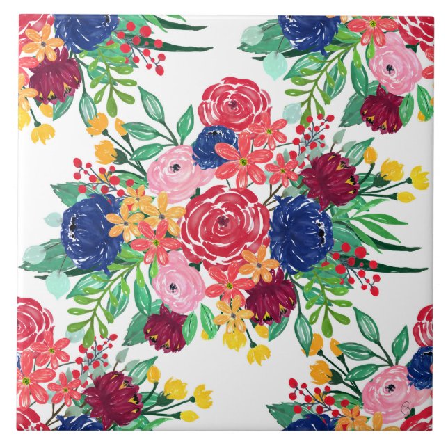 Carreau Marine bleu et rouge aquarelle boho chic Fleurs (Devant)