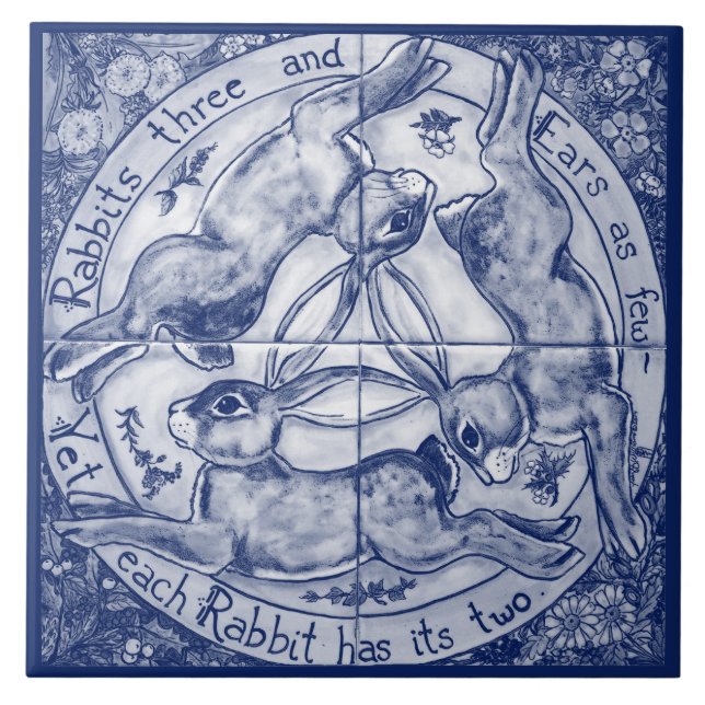 Carreau Marine Blue Cobalt Rabbit Lièvre Trio Quatre saiso (Devant)