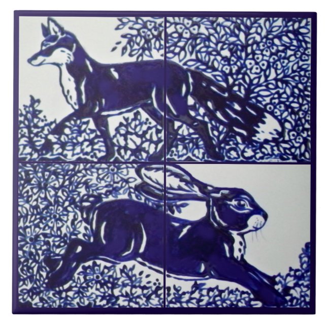 Carreau Marine Blue Fox Rabbit Bois Forêt Floral Céramique (Devant)