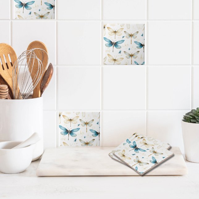 Carreau Marine clair | Ivoire | libellules et papillons (Dragonflies and butterflies in blue, gold and ivory on ceramic tiles for your kitchen )