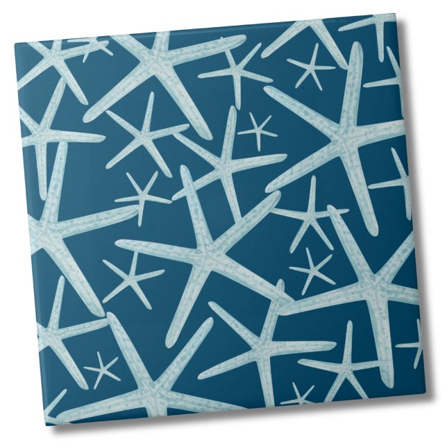 Carreau Marine côtière Nautique Blue Beach Motif (Navy Blue Teal Nautical Starfish Beach Pattern Ceramic Tile)