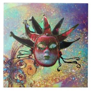 Carreau MASQUE JESTER ROUGE NOIR Mascarade bleu vert