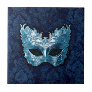 Carreau Masque Vénitien bleu sur fond de damas bleu