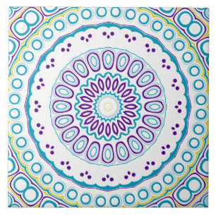 Carreau Médaillon de kaléidoscope bleu violet jaune mandal