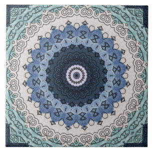 Carreau Médaillon de kaléidoscope de mandala bleu et beige