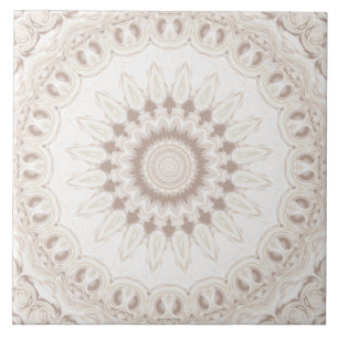Carreau Médaillon de mandala blanc et beige doux