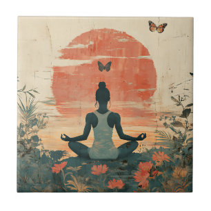Carreau Méditation de Prairie de Coucher de Soleil avec Pa