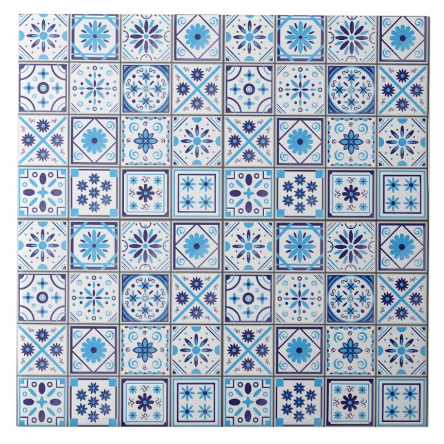 Carreau Mediterranean Blue White Tile Pattern Watercolor  (Devant)