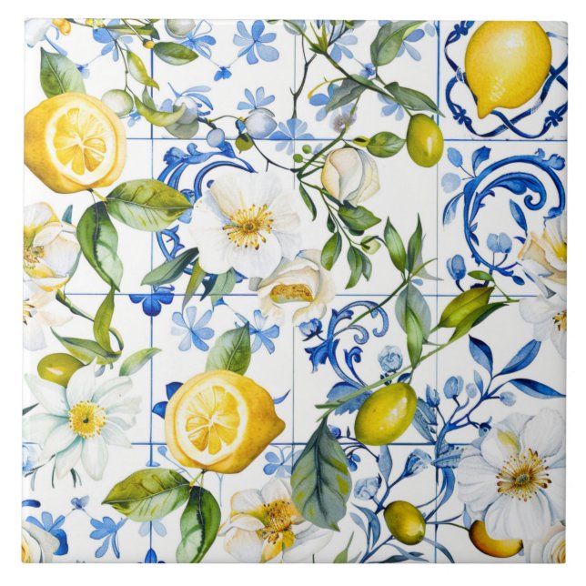 Carreau Mediterranean Watercolor Blue Pattern and Citrus (Devant)
