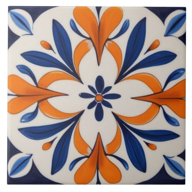 Carreau Méditerranée Abstraite symétrique orange et bleu (Devant)