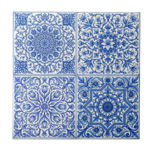 Carreau méditerranéen bleu blanc motif botanique
