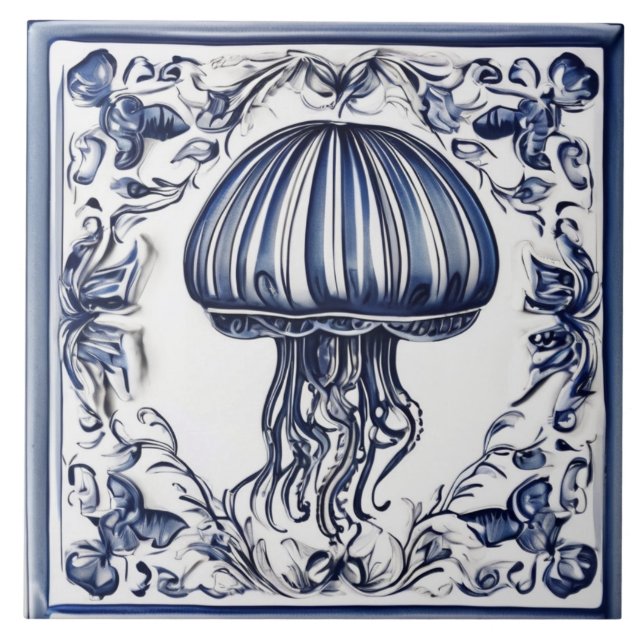 Carreau Méduse Bleu et Blanc Jelly Poissons Océan Marine (Devant)