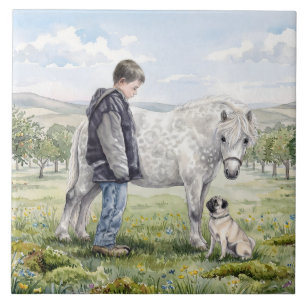 Carreau Meilleurs amis-Enfant avec poney et chien dans un