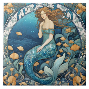 Carreau Mermaid Art Nouveau Aqua Bleu Turquoise Art Déco