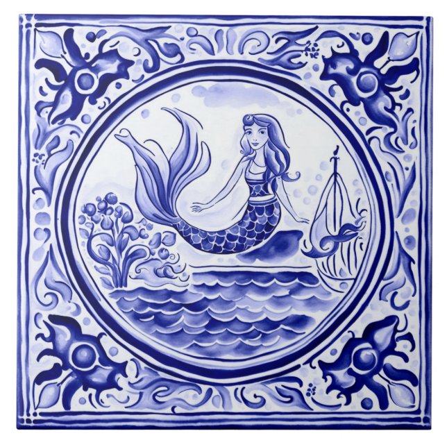 Carreau Mermaid Bleu et blanc Art folklorique méditerranée (Devant)