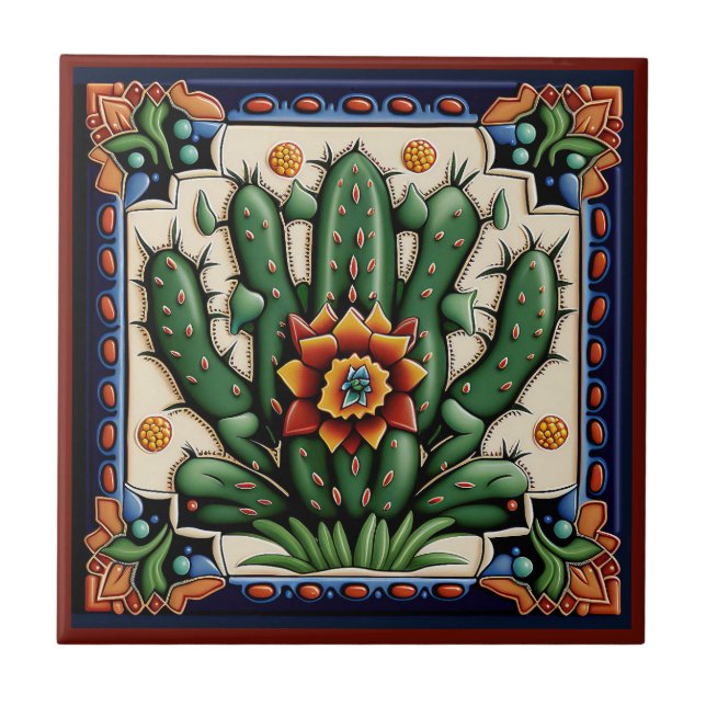 Carreau Mexicain Huichol style cactus céramique tuile 12/1 (Devant)