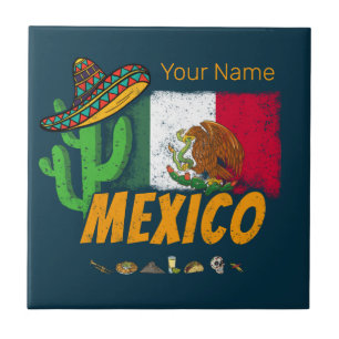 Carreau Mexique Cactus Vintage avec Drapeau Sombrero Souve