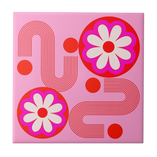 Carreau Mi-siècle Moderne Rose Floral Abstrait Rétro (Devant)
