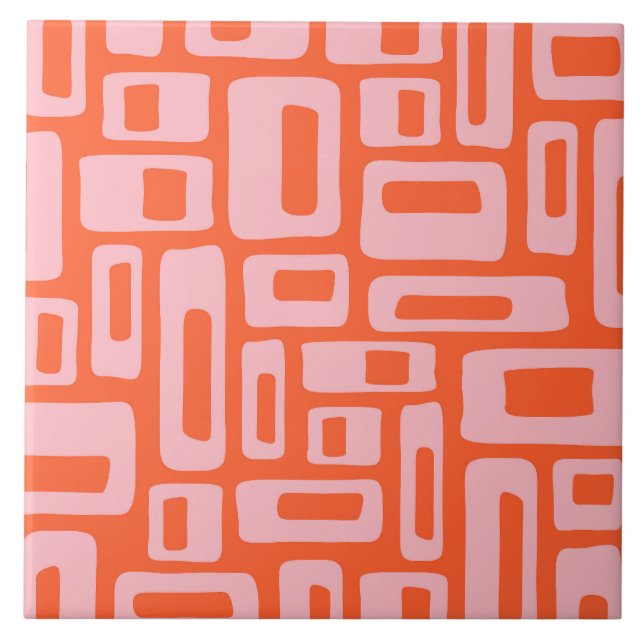 Carreau Mid Century Moderne Abstrait Orange & Motif rose (Devant)