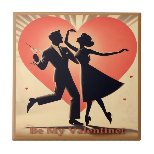 Carreau Mid Century Valentine Dancing Couple avec Martini (Devant)