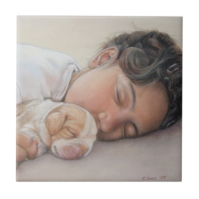Carreau mignon chiot beagle couchant enfant et chien endor (Devant)