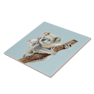 Carreau Mignonne maman et bébé aquarelle Koala sur acier b