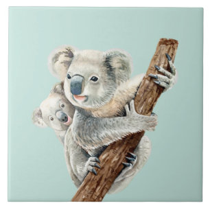 Carreau Mignonne maman et bébé aquarelle Koala sur vert cl