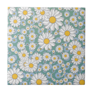 Carreau Mignonnes marguerites blanches sur Dusty Turquoise