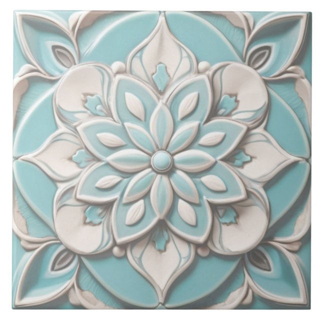 Carreau Mint Blue Faux Relief Élégante Fleur Florale (Devant)
