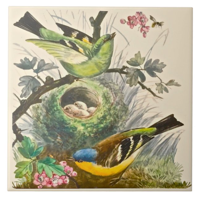 Carreau Minton Peint Hand Oiseaux Berries Fin 1800 Repro (Devant)