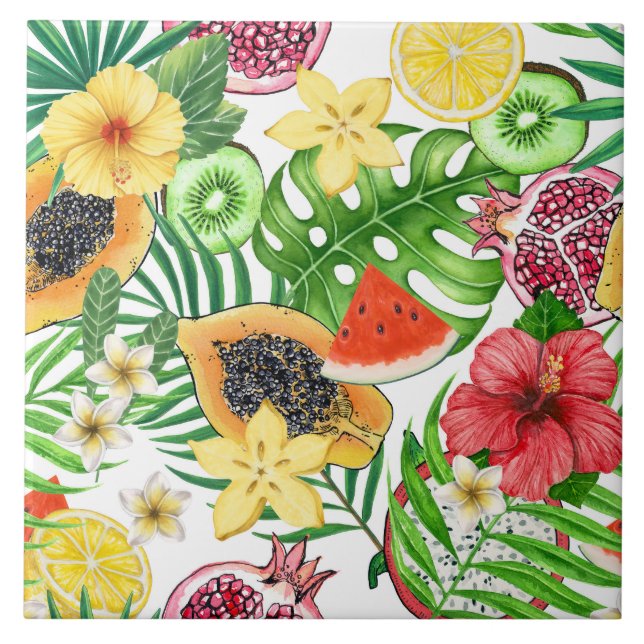 Carreau Mix-fruit tropical, fleurs et feuilles sur blanc (Devant)