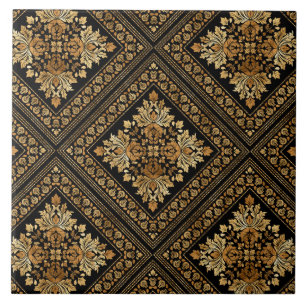 Carreau Modèle de Damas Vintage oriental - Noir et or