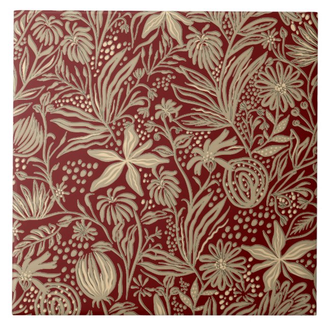 Carreau Modèle floral laqué or sur rouge profond (Devant)