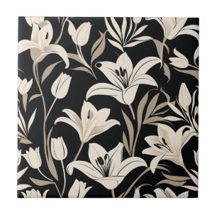 Carreau Modèle floral noir et blanc minimaliste