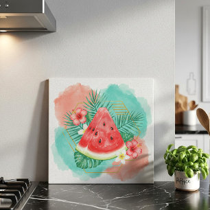 Carreau Moderne aquarelle pastèque tropicale et hibiscus