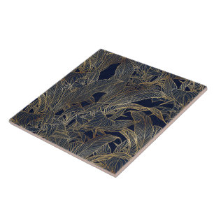 Carreau Moderne Blue Gold Foliage Plante Design botanique