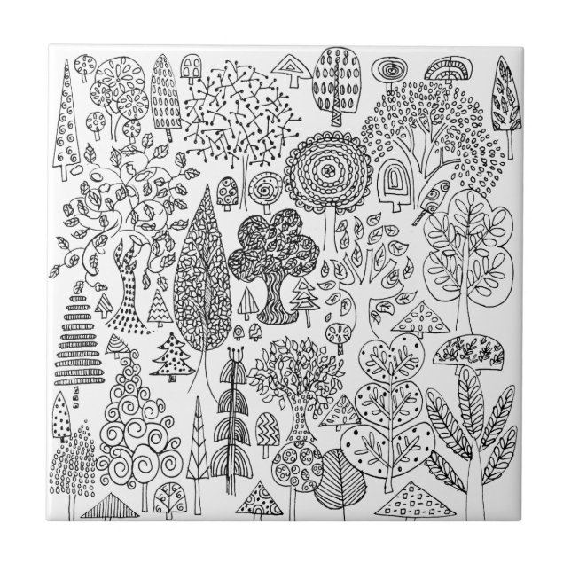 Carreau Moderne motif d'arbre fantaisiste noir et blanc (Devant)