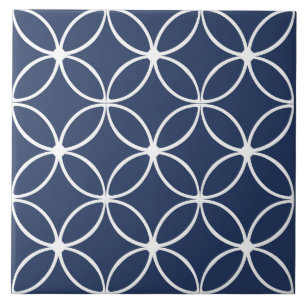 Carreau Moderne, pétales ornementaux, bleu marine, blanc