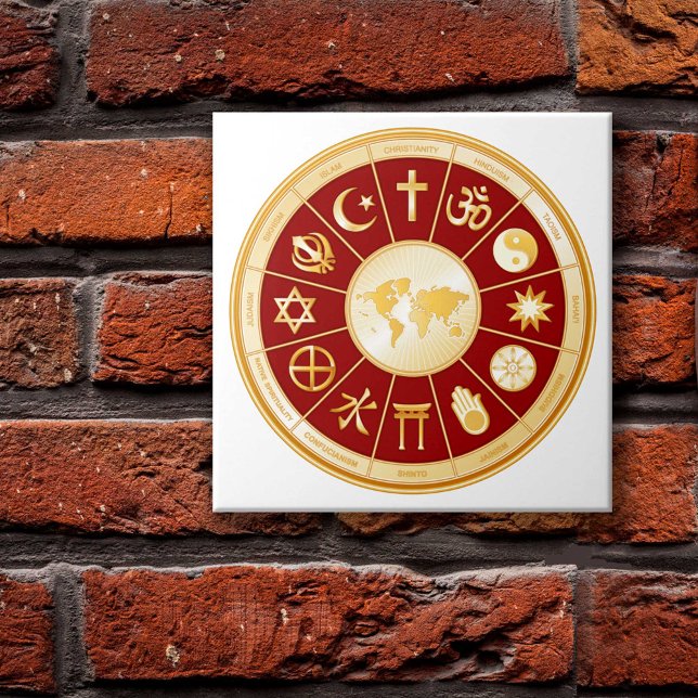 Carreau Monde de la foi (World of Faith Photo Print. Gold symbols of international religions surround a world map. )