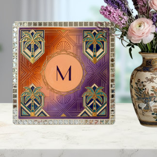 Carreau Monogramme Art Déco Palmier Orange Tropical