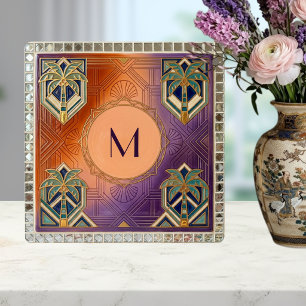 Carreau Monogramme Art Déco Tropical Orange Palmier 