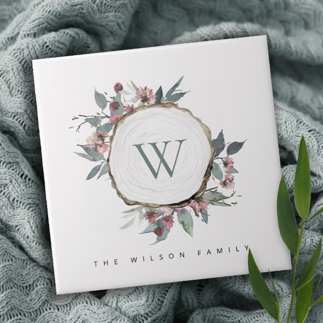 CARREAU MONOGRAMME BOTANIQUE ROSE EN BOIS NOM DE LA FAMILL (Créateur téléchargé)