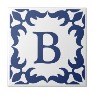 Carreau Monogramme de cadre de défilement bleu et blanc
