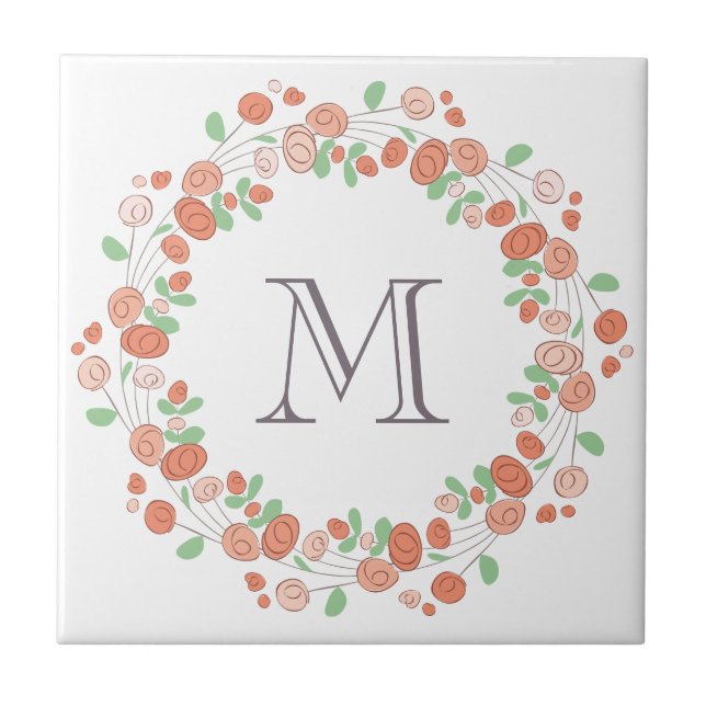Carreau monogramme de couronne de roses coralliens (Devant)