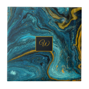 Carreau Monogramme de rouille dorée Abstrait Art Blue Gre