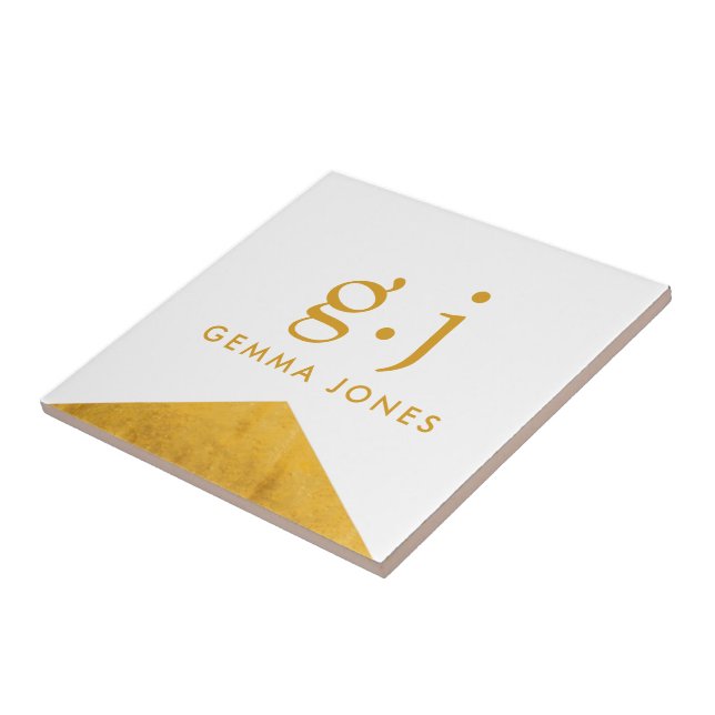 Carreau Monogramme Elegant Gold Faux Foil Blanc (Côté)
